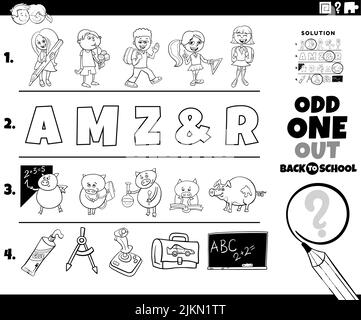Black and white cartoon illustration of odd one out picture in a row educational activity for children with comic characters coloring page Stock Vector
