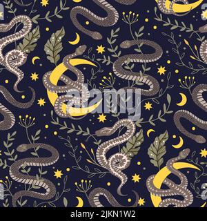 Snake moon seamless vector pattern. Boho background Stock Vector