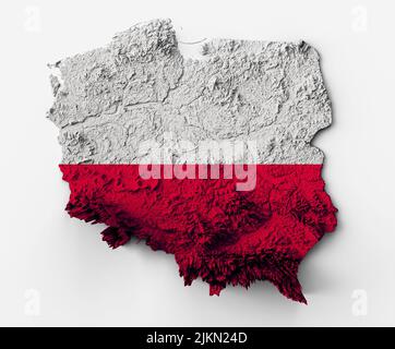 Poland Topographic Map 3d realistic Poland map Color texture and Rivers 3d illustration