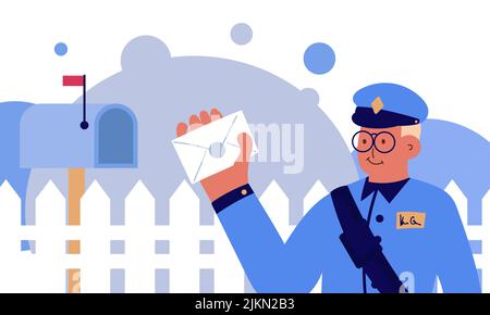 Postman office post and express service. Mailman delivery correspondence to mailbox and envelope vector illustration. Courier cartoon and documents lo Stock Vector