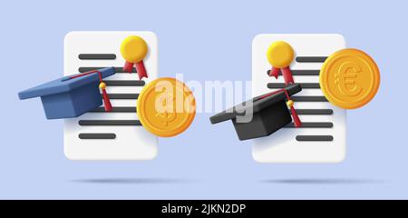 3d icons of diploma with stamp and graduate hat with golden coin. Vector illustration Stock Vector