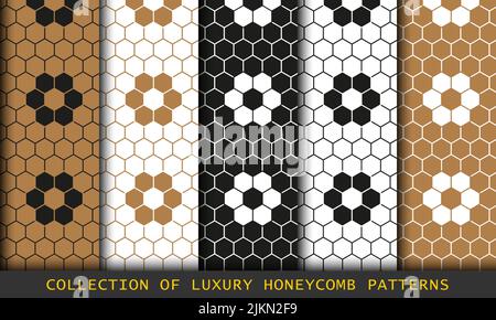 Honeycombs set of geometric patterns. Abstract hexagons geometric graphic design Stock Vector