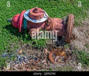 A closeup shot of a Damaged and out of service fire hydrant on grassland in Arlington, USA Stock Photo