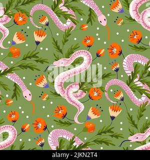 Snake poppy rose flower celestial seamless vector pattern. Floral garden magic background Stock Vector