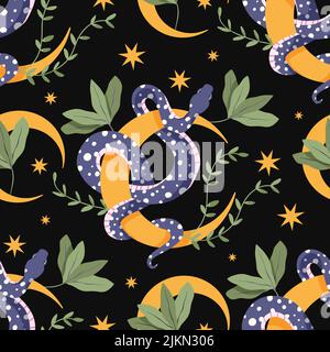 Snake and moon celestial black seamless vector pattern. Floral magic background Stock Vector