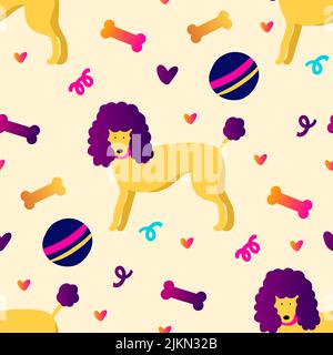 Funky yellow poodle dog seamless vector kids pattern. Cute puppy background Stock Vector
