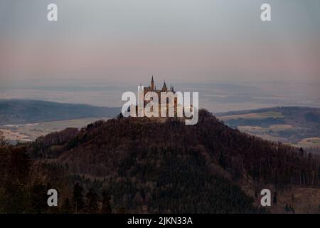 An aerial drone shot of the Hohenzollern Castle, an ancestral seat of  the imperial house in Germany Stock Photo