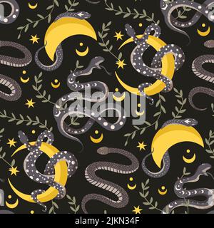 Snake moon seamless vector pattern. Boho background Stock Vector