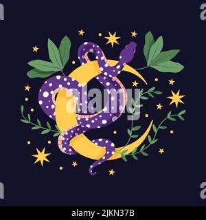 Snake moon and flower magic print. Tattoo vintage fashion vector wild animal reptile. Stock Vector