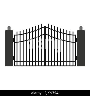 Gate with iron fence door and metal cartoon manor decoration. Front entrance from ironwork grid vector illustration. Old lattice wrought and classic f Stock Vector