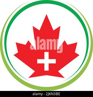 A red maple leaf with a cross inside of a green circle isolated on a white background Stock Vector