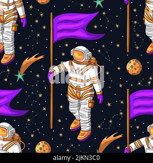 Astronaut cosmos galaxy universe science cosmic space seamless vector pattern Stock Vector