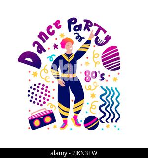 80s retro music dance party poster funky vector fashion boy card for print Stock Vector