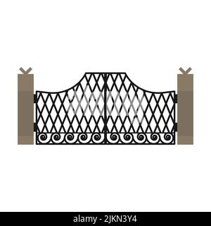 Gate with iron fence door and metal cartoon manor decoration. Front entrance from ironwork grid vector illustration. Old lattice wrought and classic f Stock Vector