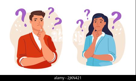 Thoughtful people. Smart thinking men and women solve problems. Boy and girl surrounded by question marks Stock Vector