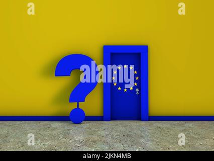 A Brexit-themed 3D rendering with a door with the European Union flag and a question mark Stock Photo