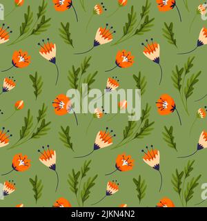 Red poppy meadow flower seamless vector pattern. Wildflower green floral background Stock Vector