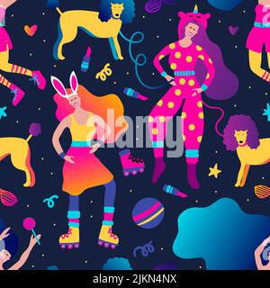 Funky girl funny pajama home music party seamless vector pattern. Cartoon costume character Stock Vector