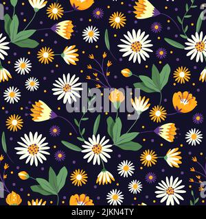 Daisy flower wildflower ornate night forest seamless pattern, Garden vector Stock Vector