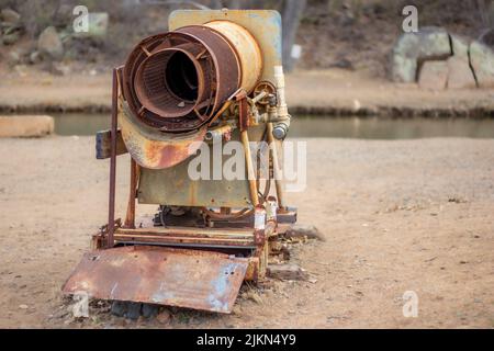 A closeup of an old mining equipment, Rusty Cement Mixer artifact display at Fain Park in Prescott Valley, Arizona, USA Stock Photo