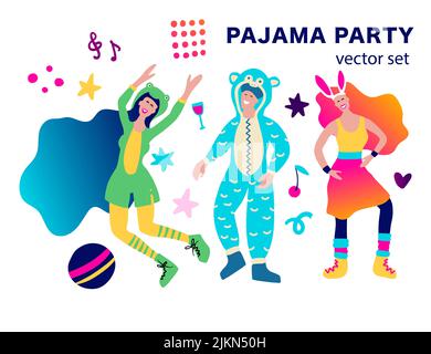 80s style funky girl and puppy dog home pajama party clip art vector collection Stock Vector