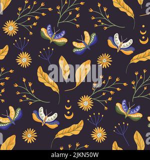 Moth butterfly flower berry forest seamless vector pattern. Floral vintage wild nature background. Stock Vector