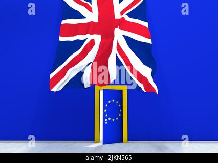 A Brexit-themed 3D rendering with a door with the European Union and Great Britain flags on a blue background Stock Photo