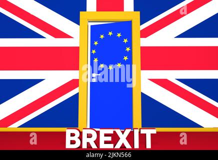 A Brexit-themed 3D rendering with a door with the European Union flag on a UK flag colored wall Stock Photo