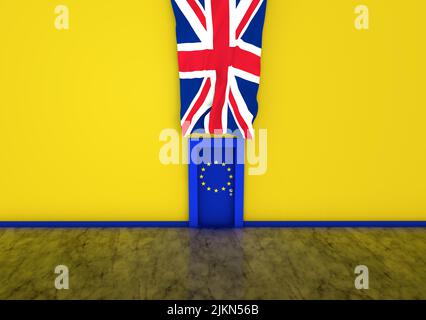 A Brexit-themed 3D rendering with a door with the European Union and Great Britain flags on a yellow wall Stock Photo