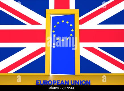 A Brexit-themed 3D rendering of a room with UK flag on the wall and a door with the EU flag Stock Photo