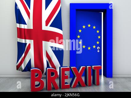 A Brexit-themed 3D rendering with a door with the European Union and Great Britain flags Stock Photo