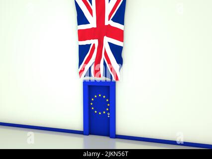 A Brexit-themed 3D rendering of a room with a door with the EU and a UK flag hung from above Stock Photo