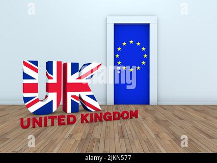 A Brexit-themed 3D rendering with a door with the European Union and Great Britain flags on a grey background Stock Photo