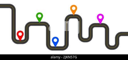 Winding roadmap with colorful map pins signs. Delivery, trip, travel plan infographic template isolated on white background. Vector flat illustration Stock Vector