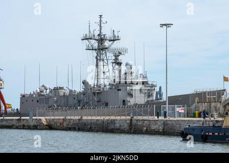 The Frigate Queen Sofia (f 84) of the Spanish Navy in the sea under cloudy sky Stock Photo