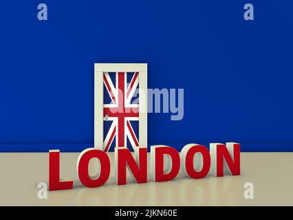 A Brexit-themed 3D rendering of a London on the floor against a blue wall and a door with the UK flag Stock Photo