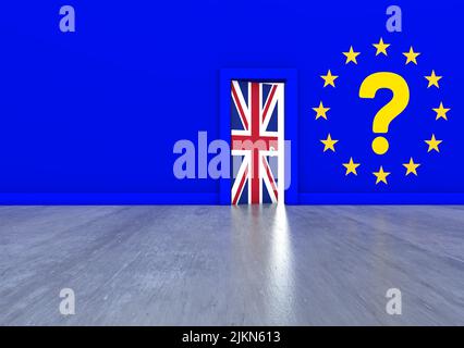 A Brexit-themed 3D rendering of a room with a blue wall and a door with the United Kingdom's and the EU flags with a question mark Stock Photo