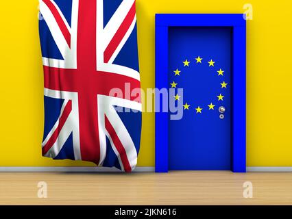 A Brexit-themed 3D rendering with a door with the European Union and Great Britain flags on a yellow wall Stock Photo