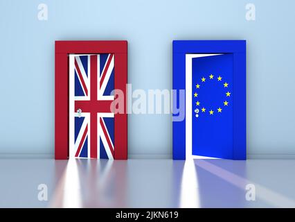 A Brexit-themed 3D rendering of a room with a blue wall and a door with the United Kingdom's and the EU flags Stock Photo