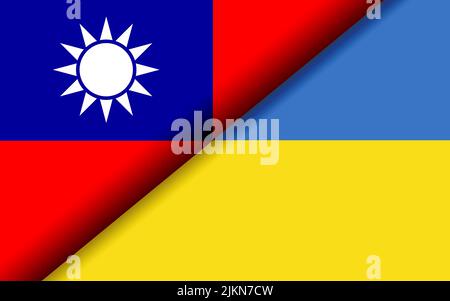 Flags of Taiwan and Ukraine divided diagonally. 3D rendering Stock Photo