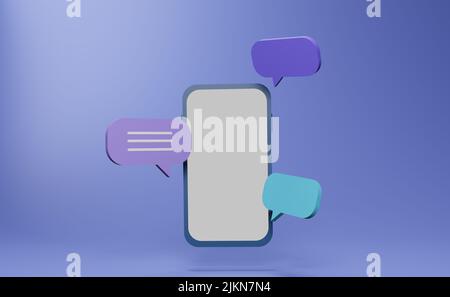 A phone with chat bubbles around it. Symbol of a conversation. Internet communication concept illustrated by a phone with dialog icon. Online discussi Stock Photo