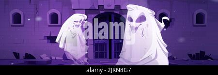 Spooky ghosts near abandoned castle gates at night. Cartoon Halloween characters floating at haunted house facade with broken walls. Funny yelling spooks near old palace entrance, Vector illustration Stock Vector