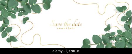 Wedding invitation card with green eucalyptus leaves. Vector template of save the date card with elegant design with frame of plants branches and drawn gold lines Stock Vector