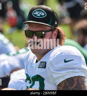 August 2, 2022, Florham Park, New Jersey, USA: New York Jets' safetyÃ•s  Ashlyn Davis (21) and Elijah Riley (33) run a defense drill during Jets  training camp at the Atlantic Health Jets