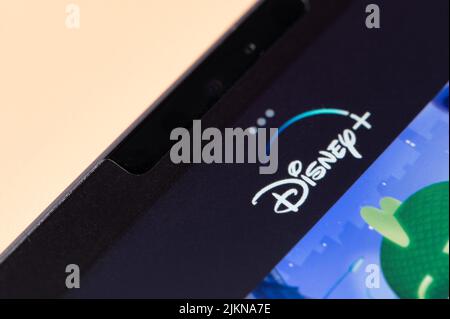 New york, USA - august 2, 2022: Disney plus video steaming service on laptop screen close up view Stock Photo