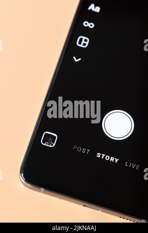 New york, USA - august 2, 2022: Recording new media on instagram onsmartphone screen close up view Stock Photo