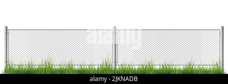 Wire fence with gates on green grass. Metal chain link mesh, barrier isolated on white background. Rabitz, perimeter protection segments separated with poles, Realistic 3d vector illustration Stock Vector