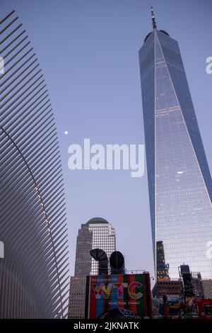A low angle shot of World Trade Center in New York Stock Photo
