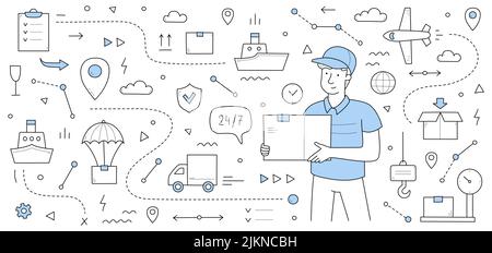 Delivery service doodle concept. Mailman with parcel in hands and shipping icons around. Express transportation, logistics by airplane, ship, truck commercial company, Linear vector web banner Stock Vector