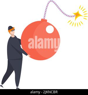 Hacker attack. Scammer is holding a bomb. Stock Vector